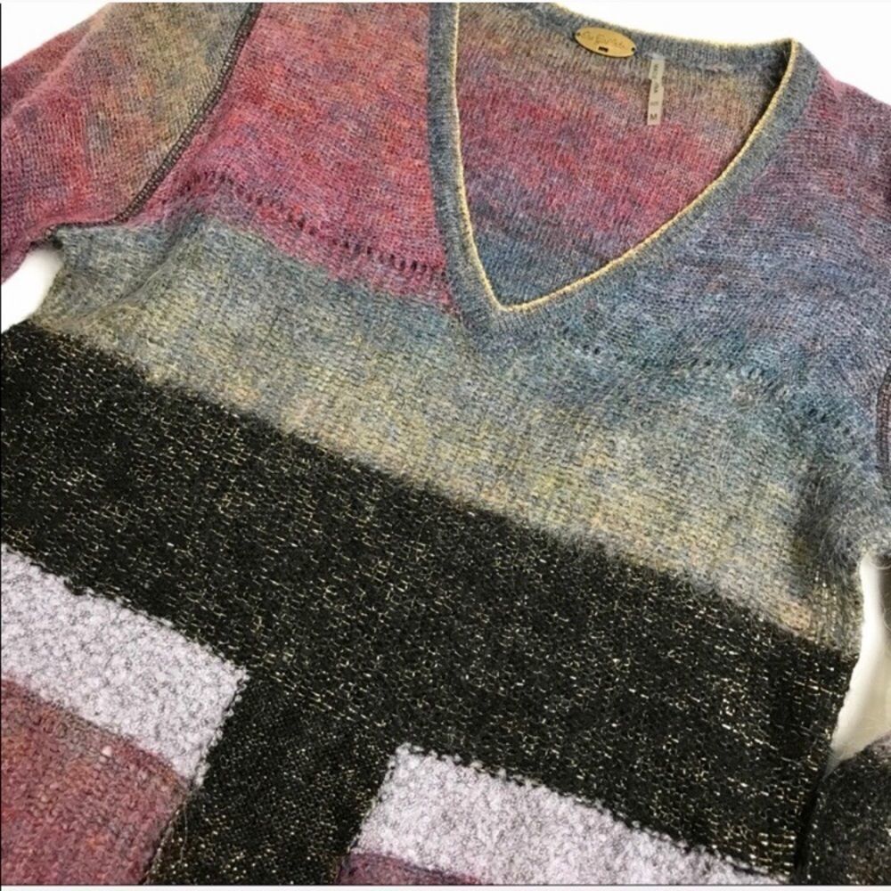 Gold Metallic Trim Color Block Sweater Anthropolo… - image 1